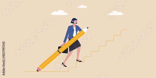 A woman confidently climbing a staircase made of a giant pencil