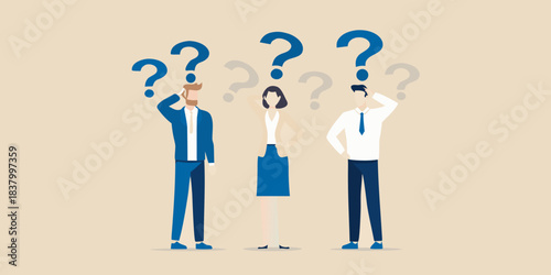 People surrounded by question marks representing uncertainty and problem solving