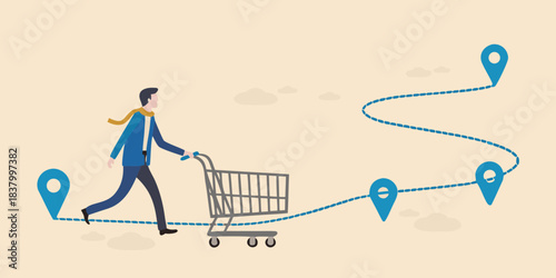 A man with a shopping cart follows a dotted path with location pins