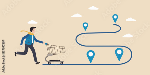 A man pushing a shopping cart along a winding path with location markers