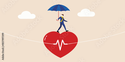 A businessman walks on a tightrope above a heart with an umbrella
