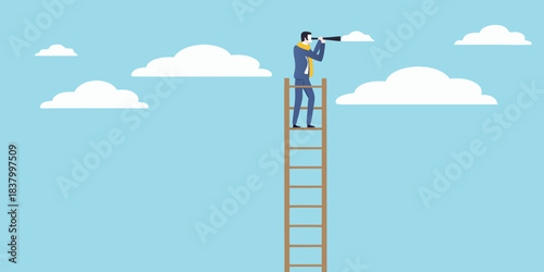 A man on a ladder looks through binoculars at distant clouds above