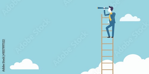 A man climbs a ladder looking through a telescope toward the clouds