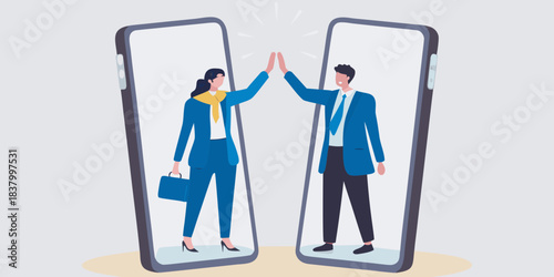Connecting through technology two professionals celebrating success via smartphone screens