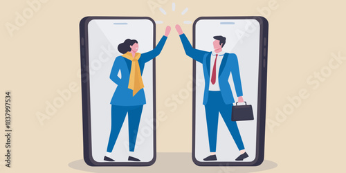 Connecting through technology a high five between two people on smartphones