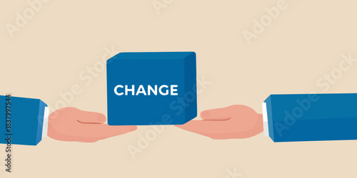 Hands exchanging a blue card with the word change written on it
