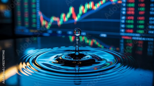 Water droplet splash reflecting financial stock market chart in blue light
