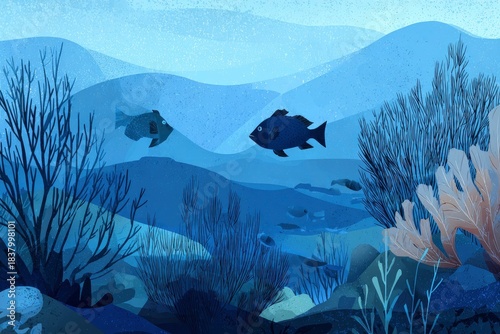 Underwater Scene with Colorful Fish and Marine Vegetation Illustration