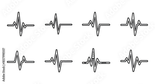 Set of eight electrocardiogram (ECG) or heart rate monitor waveforms