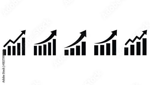 Five black and white bar graphs with arrows pointing upwards showing growth