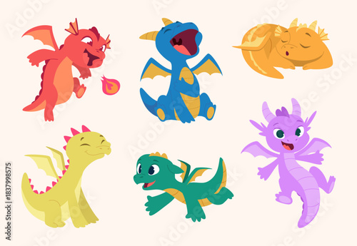Dragon kids. Little fantasy characters newborn dragons or flying dinosaur exact vector cartoon pictures