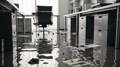 Flooded office interior with water covering floor in workplace disaster scene
