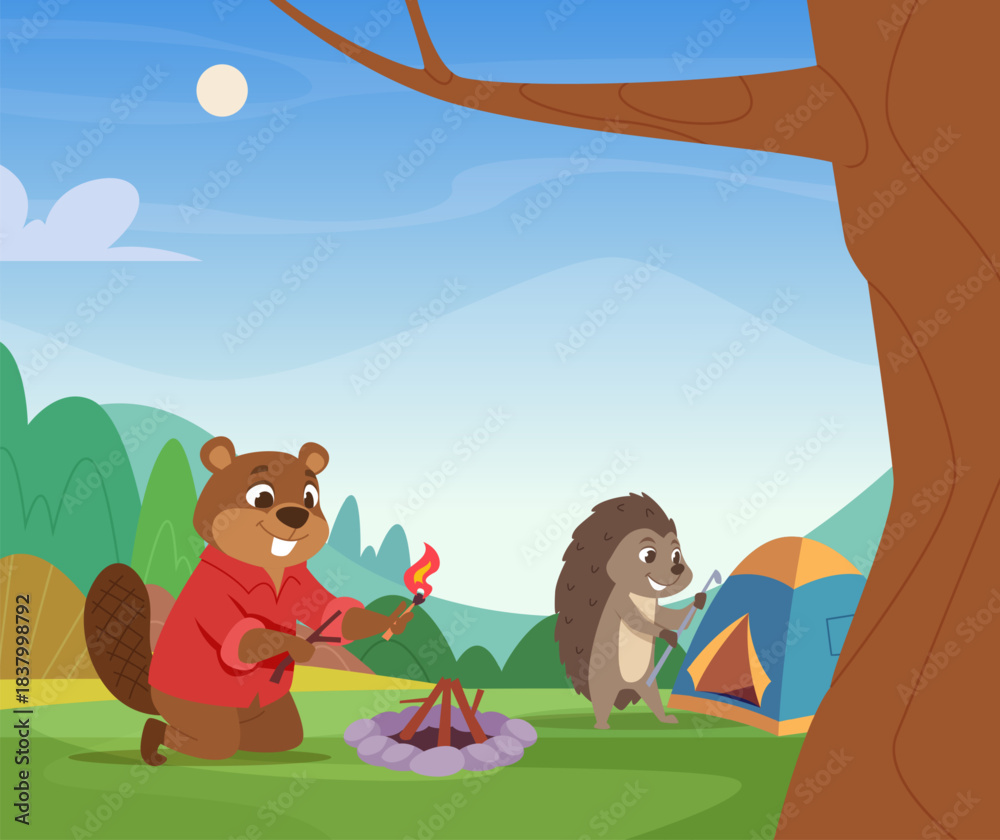 Naklejka premium Camping animals. wild outdoor animals in forest have rest in camp place