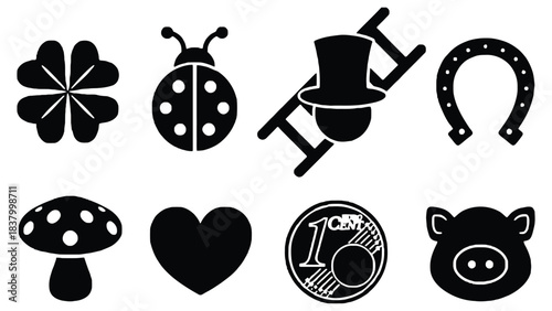 Black and white images of lucky symbols like clover and ladybug icon