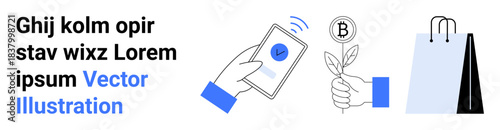 Hand holding phone with confirmation, plant with cryptocurrency coin, and shopping bags. Ideal for fintech services, sustainability, digital wallets, cryptocurrency, online marketplaces, eco-friendly