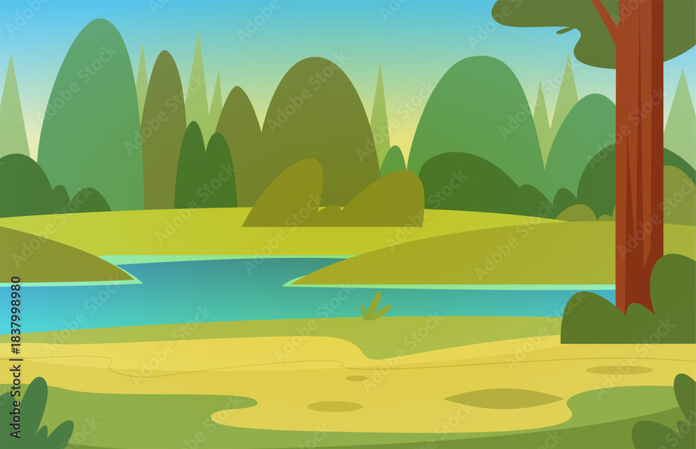 Obraz premium Forest landscape. cartoon outdoor background with lake in beautiful forest