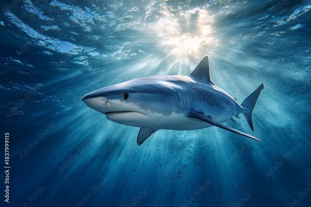 Fototapeta premium Majestic Shark Swimming Gracefully Underwater with Sunlight Rays
