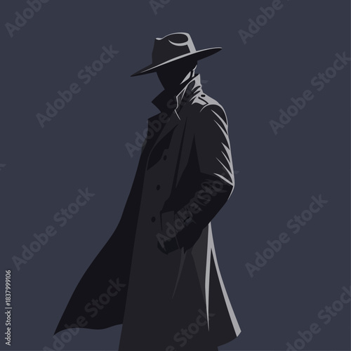 Mysterious figure in fedora and trench coat, enigmatic silhouette.