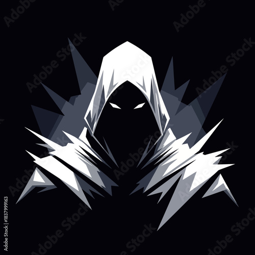 Mysterious hooded figure with glowing eyes in a dark, stylized illustration.