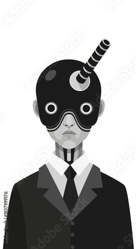 Mysterious masked figure in suit with unique headpiece.