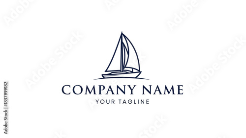 Minimalist dark blue line art sailboat logo design with placeholder text for a company name and tagline on a white background.