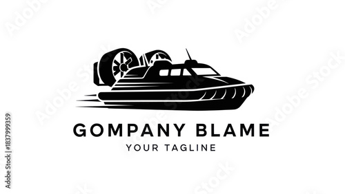Dynamic black and white logo featuring a modern hovercraft in fast motion, ideal for transport companies.