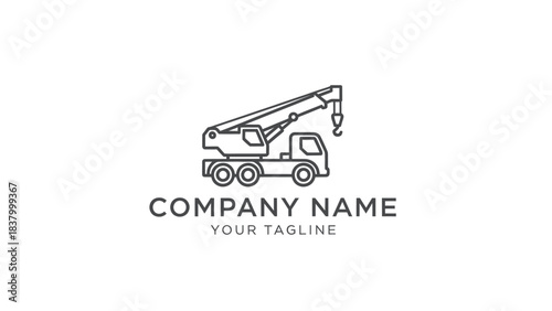 Minimalist line art illustration of a mobile crane truck, suitable for a construction or heavy lifting company logo design.