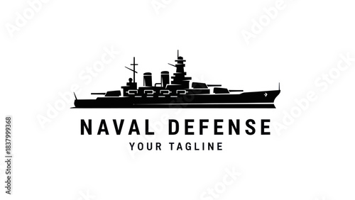 Monochromatic silhouette illustration of a formidable naval battleship with multiple gun turrets, symbolizing defense and maritime security.