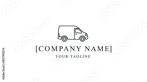 Minimalist line art logo featuring a side profile of a modern delivery van, with placeholder text for a company name and tagline below.
