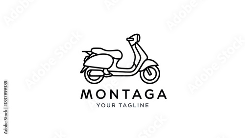 Simple black and white line art illustration of a classic vintage scooter logo with text 'MONTAGA' and 'YOUR TAGLINE'.
