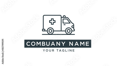 Minimalist line art ambulance icon with a medical cross, part of a logo design featuring placeholder text for a company name and tagline.