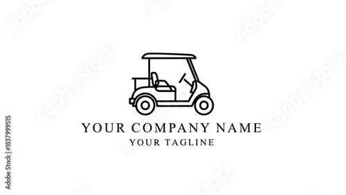 Minimalist black line art illustration of a golf cart, designed as a clean logo template.