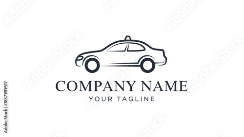 Minimalist line art sedan car with roof light, designed as a logo with placeholder company text.