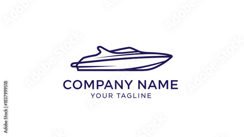 Minimalist line art logo design featuring a sleek speed boat or yacht, with placeholder company name and tagline.