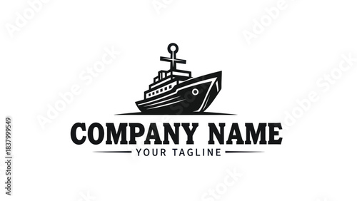 Classic black and white ship logo design featuring a yacht and company name placeholder.