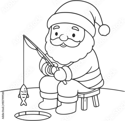 A cute Santa Claus fishing a cartoon coloring page design 