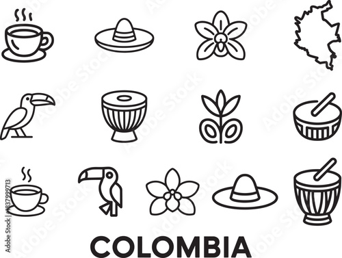 Colombia vector icons set isolated on transparency background, colombia transparency concept