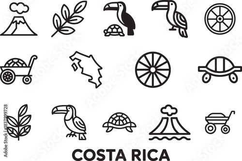Costa Rica vector icons set isolated on transparent background, outline style for design