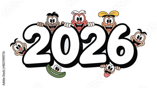 2026: Cheerful figures playfully frame the number, offering a vibrant and optimistic outlook for the new year. Capturing the spirit of anticipation, celebrating the future.