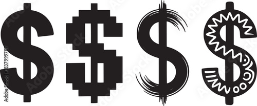 Set of dollar sign icons in various styles isolated on a transparent background with bright accents
