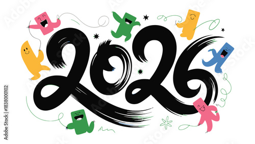 2026 Celebration: A vibrant and whimsical artistic rendering of the number 2026, accompanied by a cast of cheerful, colorful cartoon figures that evoke a sense of optimism, fun, and anticipation.