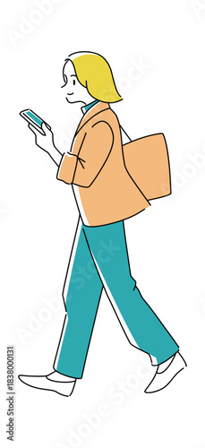 スマホを確認しながら歩く女性のイラスト