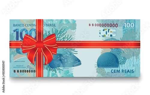 100 reals reverse banknote with red bow, gift concept. Vector illustration.