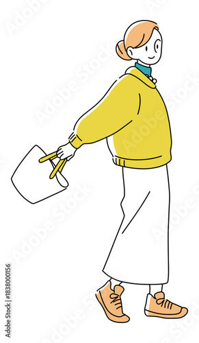 バッグを持って楽しそうに歩く女性のイラスト