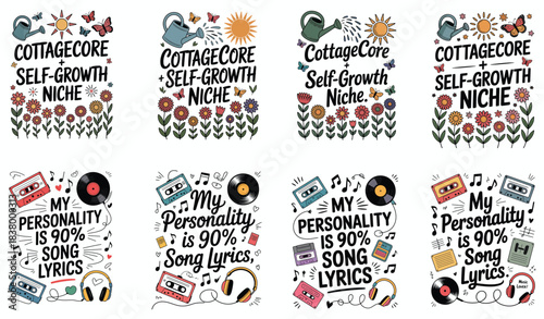 Cottagecore and song lyric themed illustrations with flowers and music self growth niche
