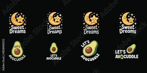 Cute Avocado and Moon Illustrations With Playful Text Over Black Background Keywords: avocado