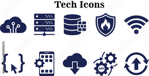 Set of Tech Icons - Cloud Computing, Data Storage, WiFi, Firewall, and API Symbols