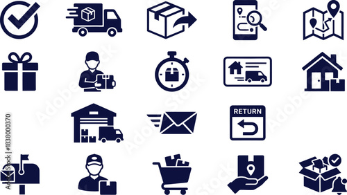 Set of Delivery and Shipping Icons - Order Tracking, Returns, Package Delivery, and E-commerce Symbols