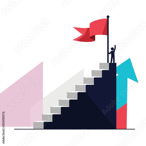 Person with flag on top of stairs representing success and achievement.