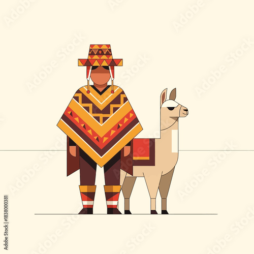 Peruvian man in traditional poncho and hat standing next to a llama.